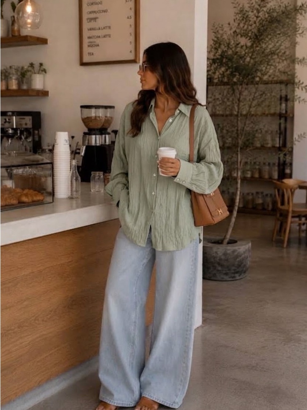 Zara Light Sage Oversized Button-Up Shirt Sz M Coastal Grandmothet Minimalist